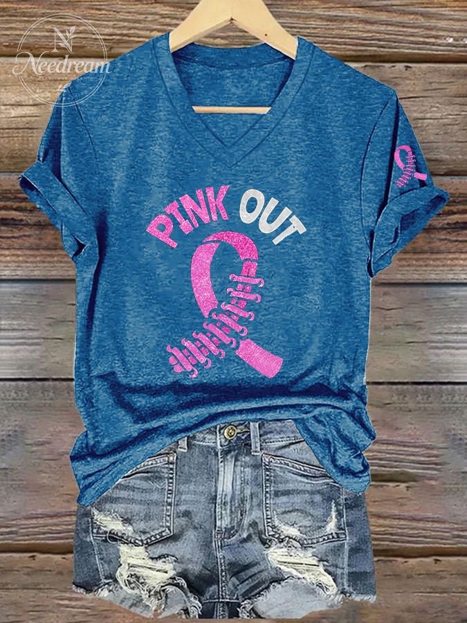 Women's Breast Ribbon Pink Out Printed Short-Sleeved T-Shirt
