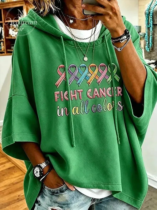 Women's Multicolor Heart Ribbon Slogan Short Sleeve Hoodie