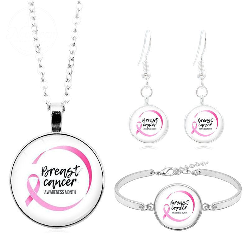 Breast Cancer Pink Ribbon Logo Necklace Set