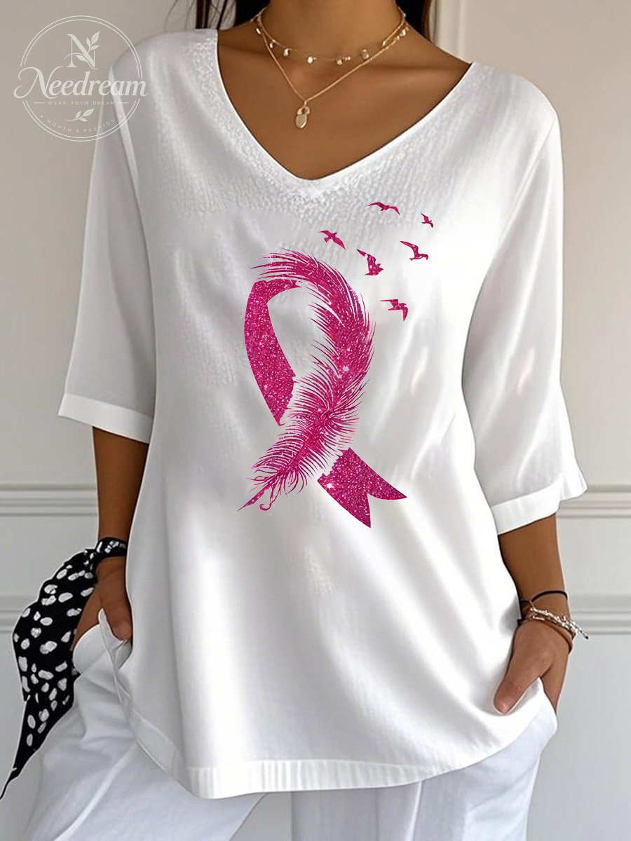 Women's Feather Bird Pink Ribbon  Pattern  Print Wrinkle Top