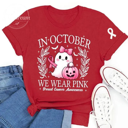 Women'S Breast Cancer Awareness Heart Ribbon Round Neck 100% Cotton T-Shirt
