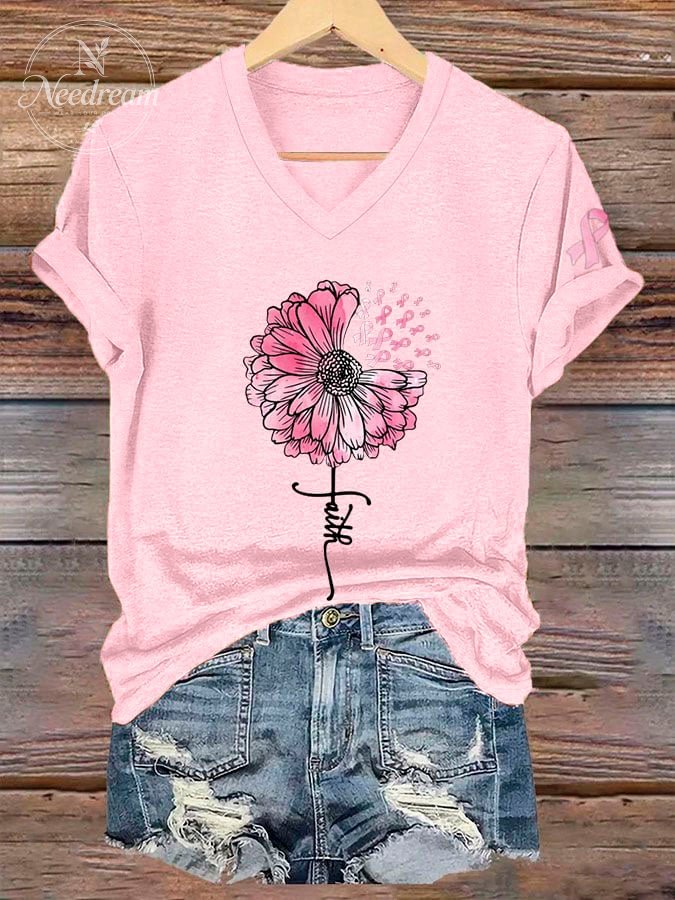 Women's Faith Breast Cancer Awareness Sunflower Print Casual T-Shirt