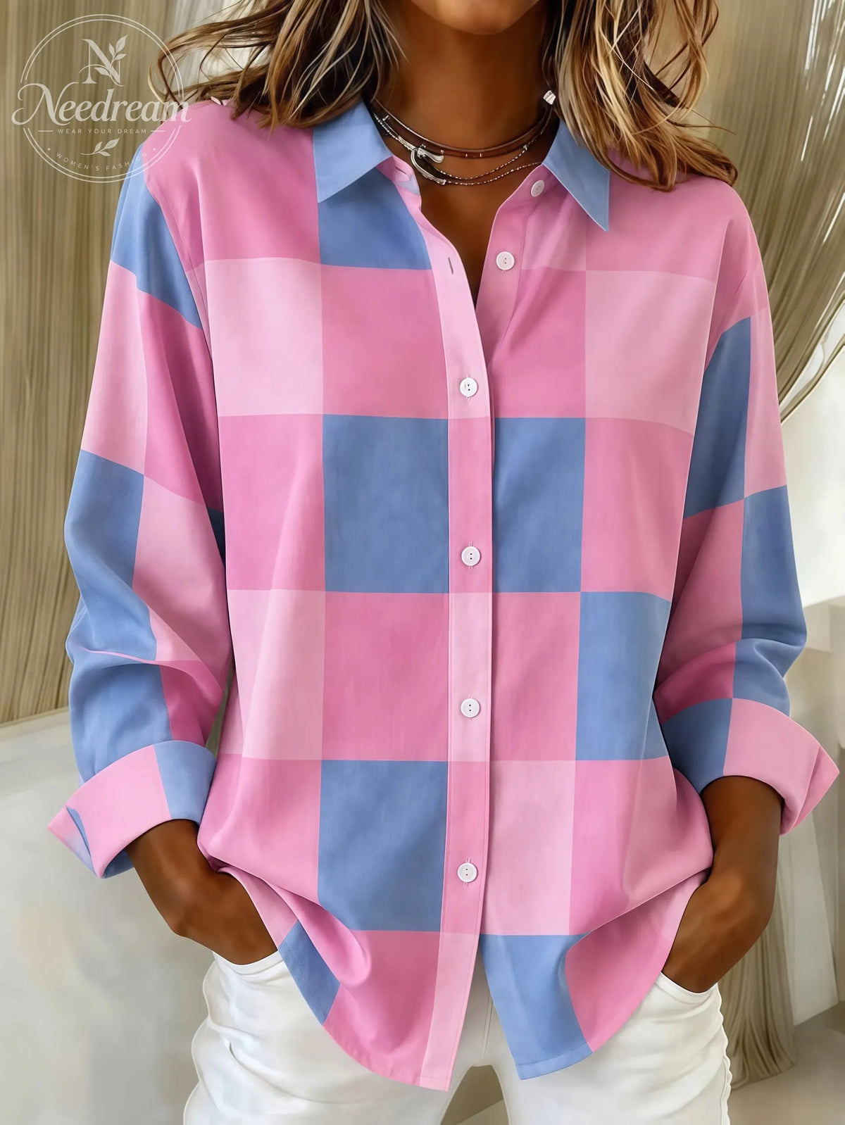 Women's Casual Retro Pink Plaid Shirt