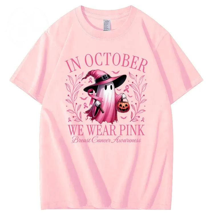 In October We Wear Pink Ghost Pattern100% Cotton T-Shirt