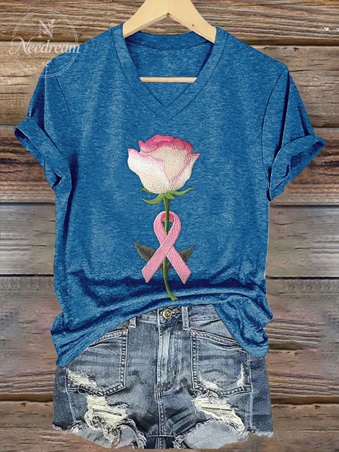 Women's embroidered pink floral print T-shirt