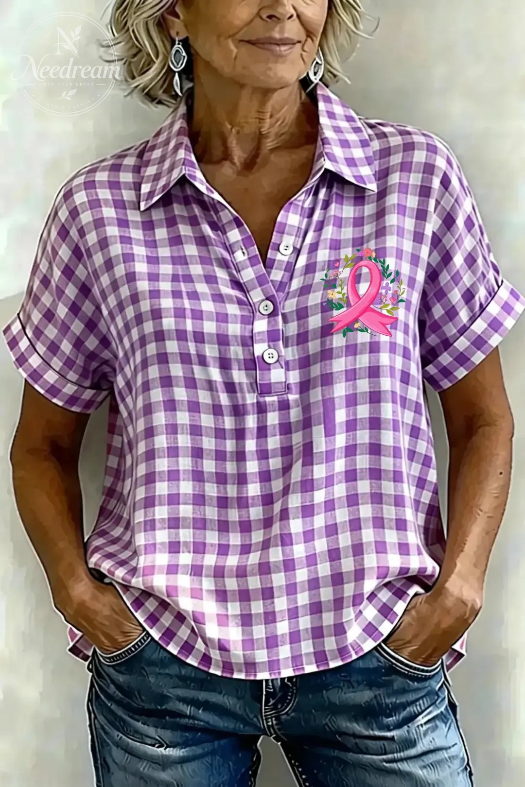 Women's Classic Plaid Cotton-Linen V-Neck Button-Front Shirt