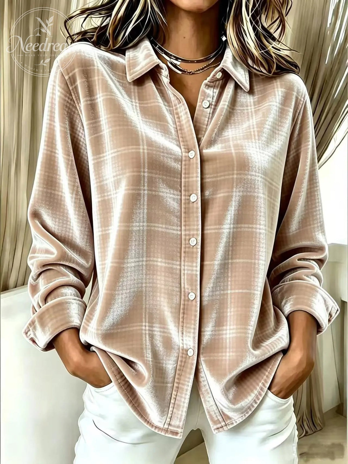 Women'S Gold Velvet Long-Sleeve Shirt With Lapel And Single-Breasted Button Closure
