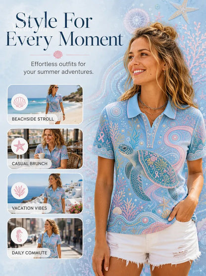 Women's Classic Polo Tee with Breast Cancer Ribbon – Flattering Fit & Everyday Style