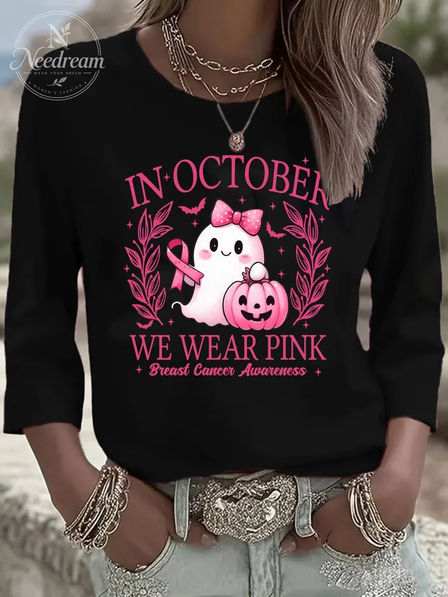 Women's In October We Wear Pink Three-Quarter Sleeve Round Neck T-Shirt