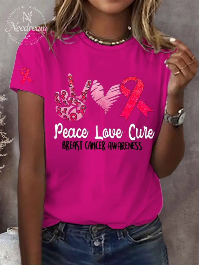 Women's Peace Love Cure Breast Cancer Printed Round Neck Short Sleeve T-Shirt