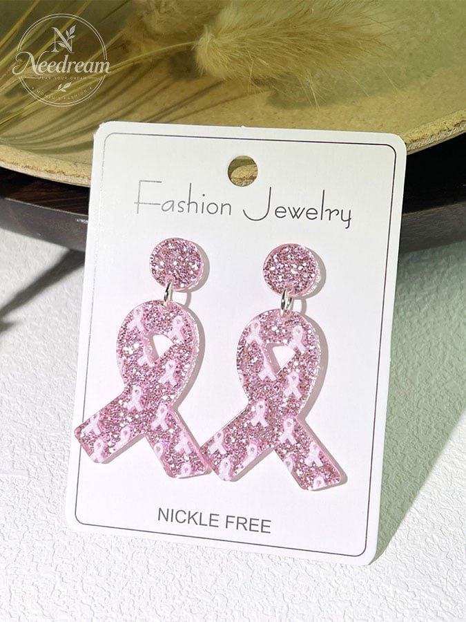 Women's Breast Cancer Awareness Pink Ribbon Sequin Fashion Casual Earrings
