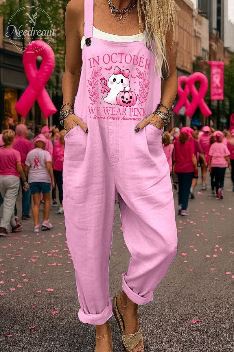 Women's  In Pink October We Wear Pink  Pattern Print  Casual Cotton Pocket Jumpsuit