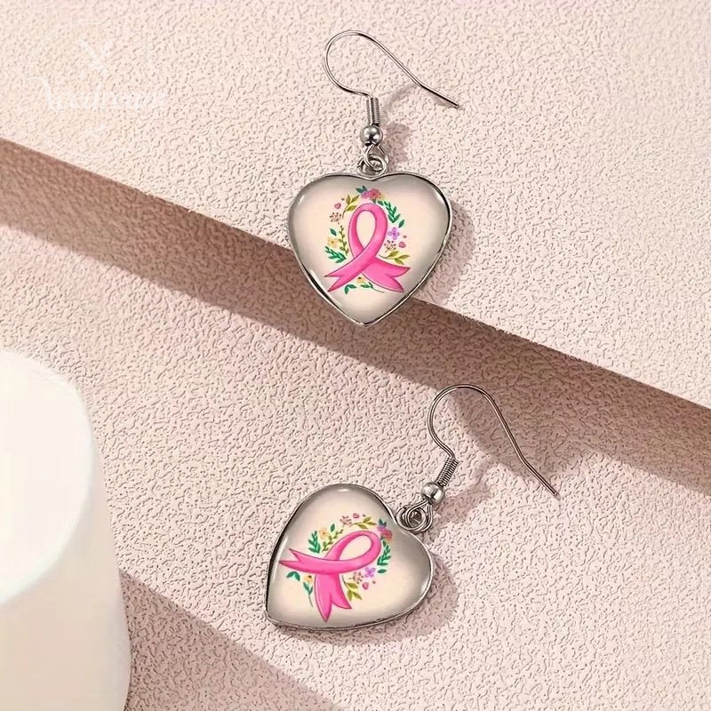 Pink Ribbon Heart-Shaped Earrings For Breast Cancer Awareness & Feminine Love