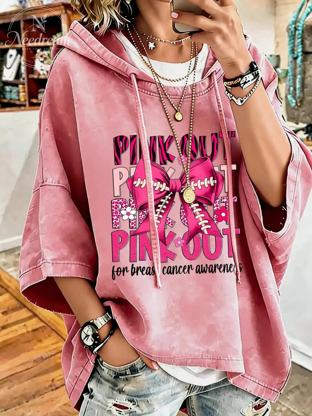Women'S Pink Out Breast Cancer Awareness Distressed Washed Oversized Hoodie