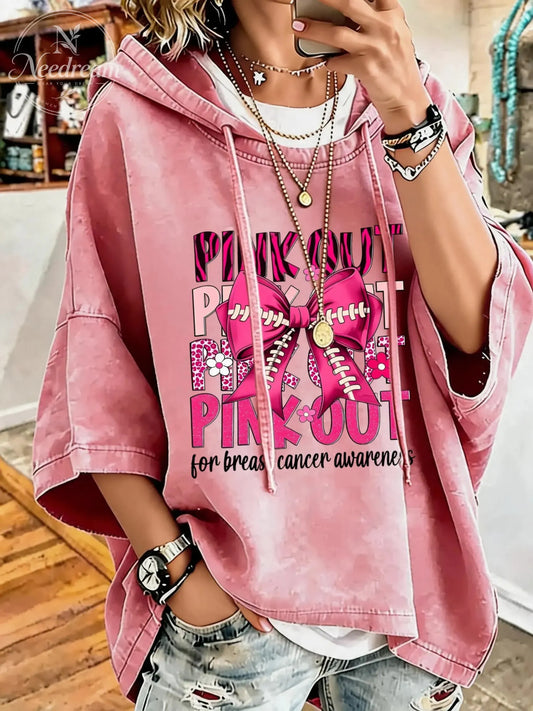 Women'S Pink Out Breast Cancer Awareness Distressed Washed Oversized Hoodie