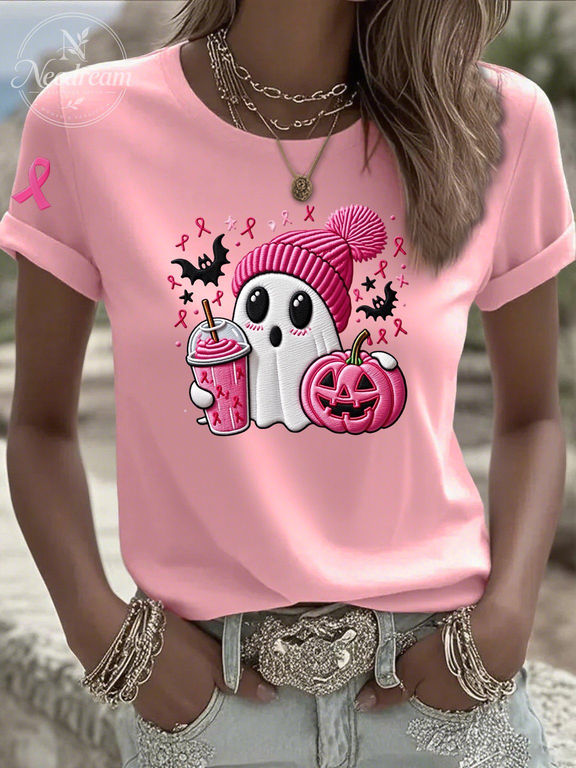 Women's Casual Pink Ghost T-Shirt