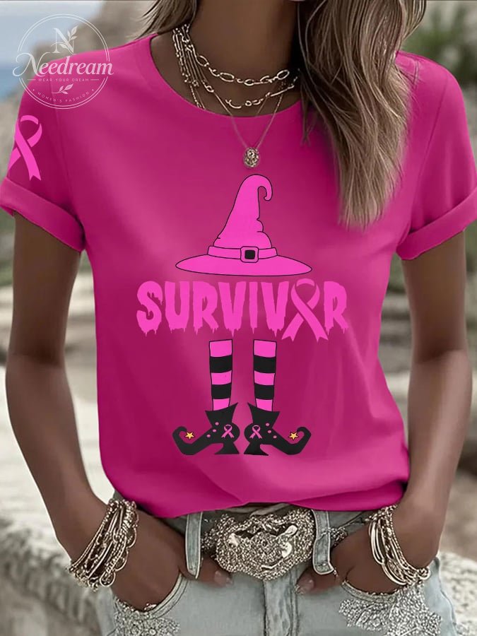 Women's Breast Cancer Survivor Witch Print Casual T-shirt