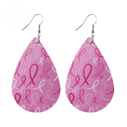 Pink Ribbon Artificial Leather Water Droplet Earrings