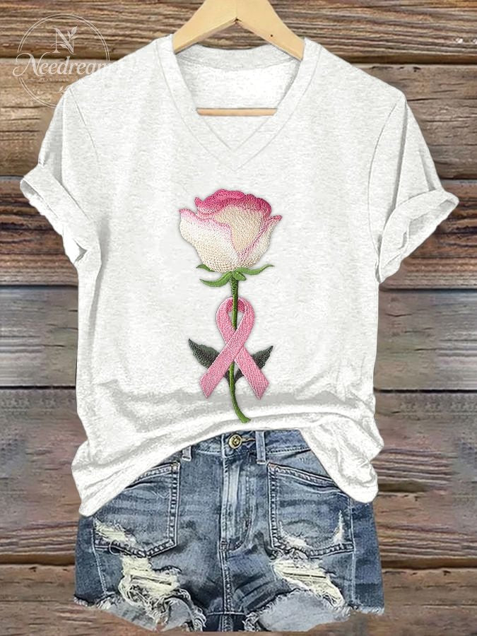 Women's embroidered pink floral print T-shirt