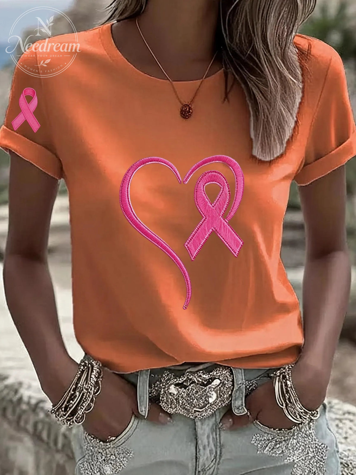 Women'S Breast Cancer Awareness Heart Ribbon Round Neck 100% Cotton T-Shirt
