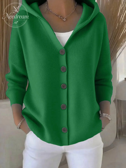 Solid Button Detailed Hoodie Sweater