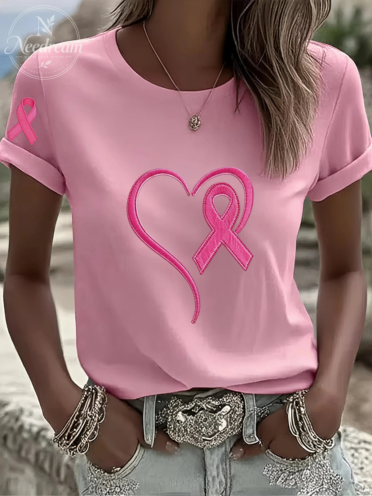 Women'S Breast Cancer Awareness Heart Ribbon Round Neck 100% Cotton T-Shirt