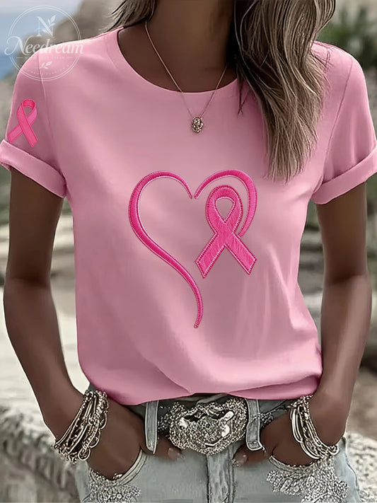 Women'S Breast Cancer Awareness Heart Ribbon Round Neck 100% Cotton T-Shirt