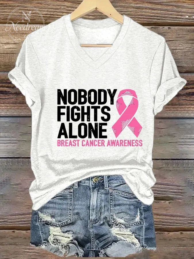 Women's Nobody Fights Alone Breast Cancer Awarenes print casual T-shirt