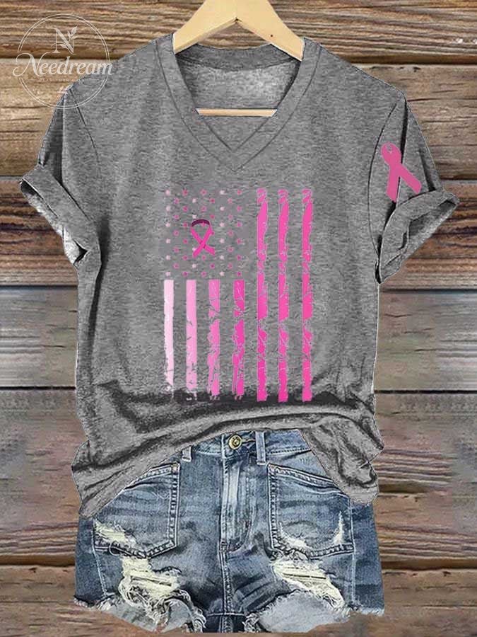Women's Breast Cancer Awareness Flag Print Casual T-Shirt
