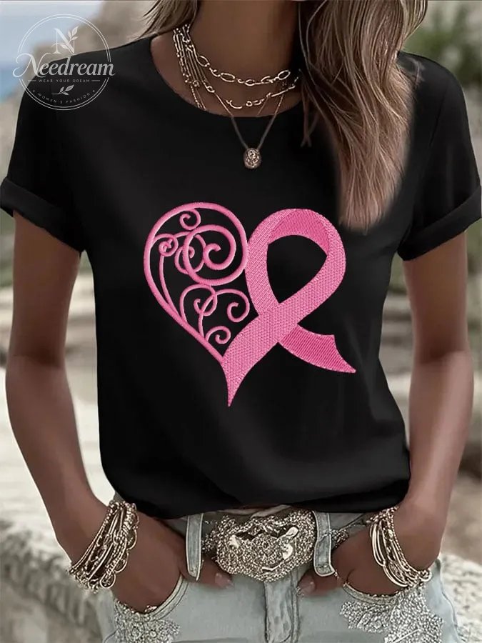 Women's Breast Cancer Heart Print Casual T-shirt