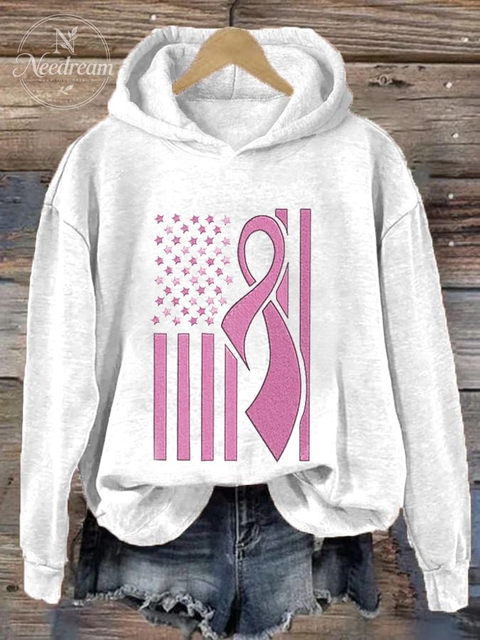 Women's USA Flag Pink Ribbon Breast Cancer Awareness Print Hoodie