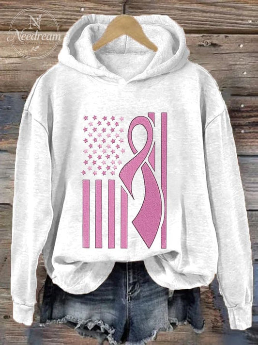 Women's USA Flag Pink Ribbon Breast Cancer Awareness Print Hoodie