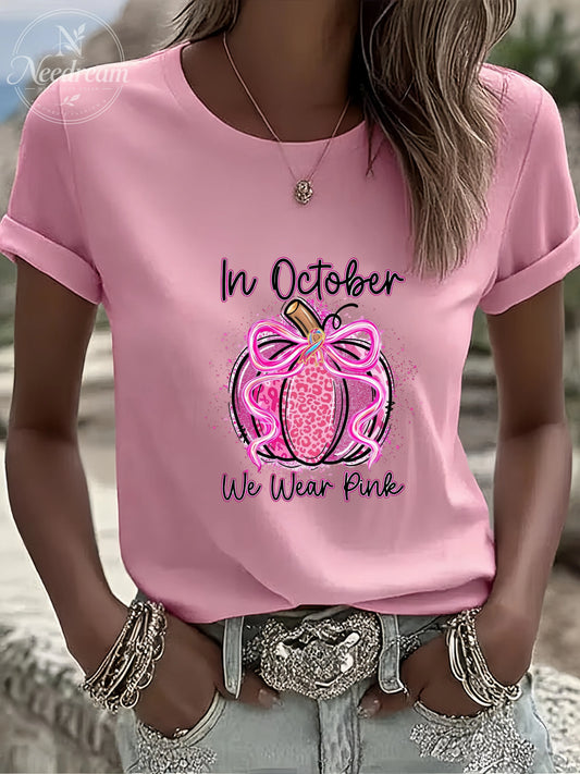Women'S In October We Wear Pink Casual Round Neck T-Shirt