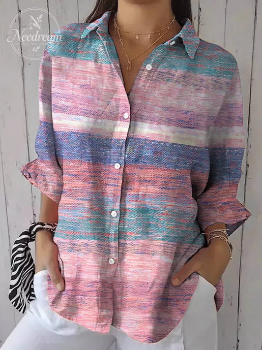 Women's Retro Pink Art Print Casual Shirt