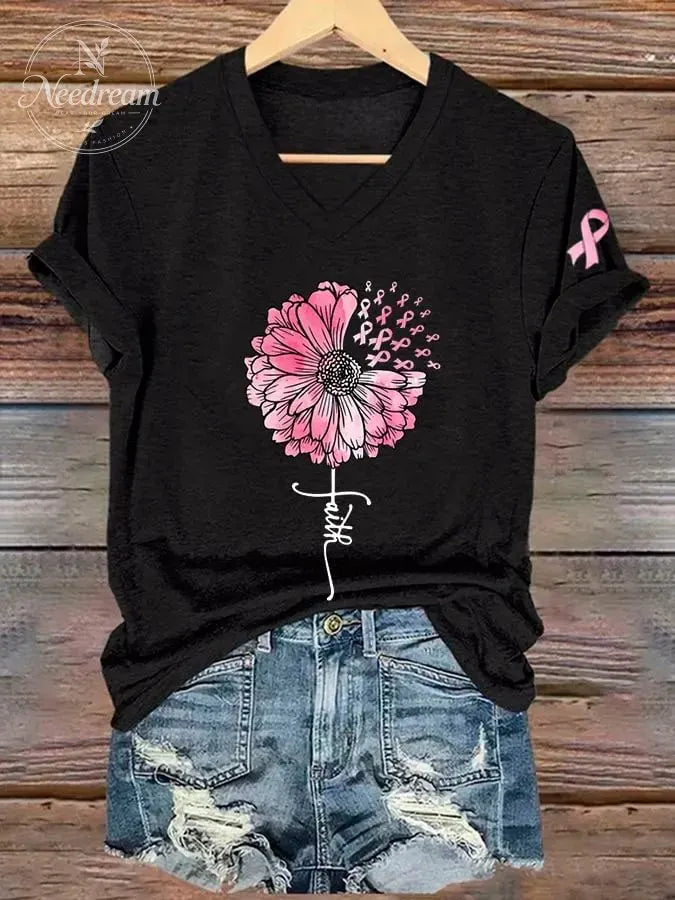 Women's Faith Breast Cancer Awareness Sunflower Print Casual T-Shirt