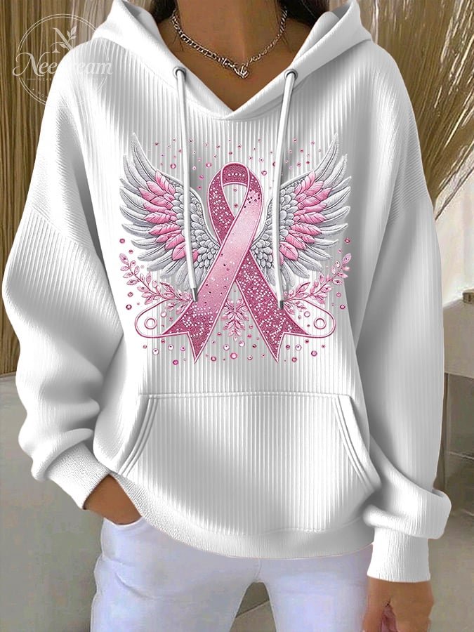Women's Casual Pink Contrast Ribbon Wings Ribbon Hoodie