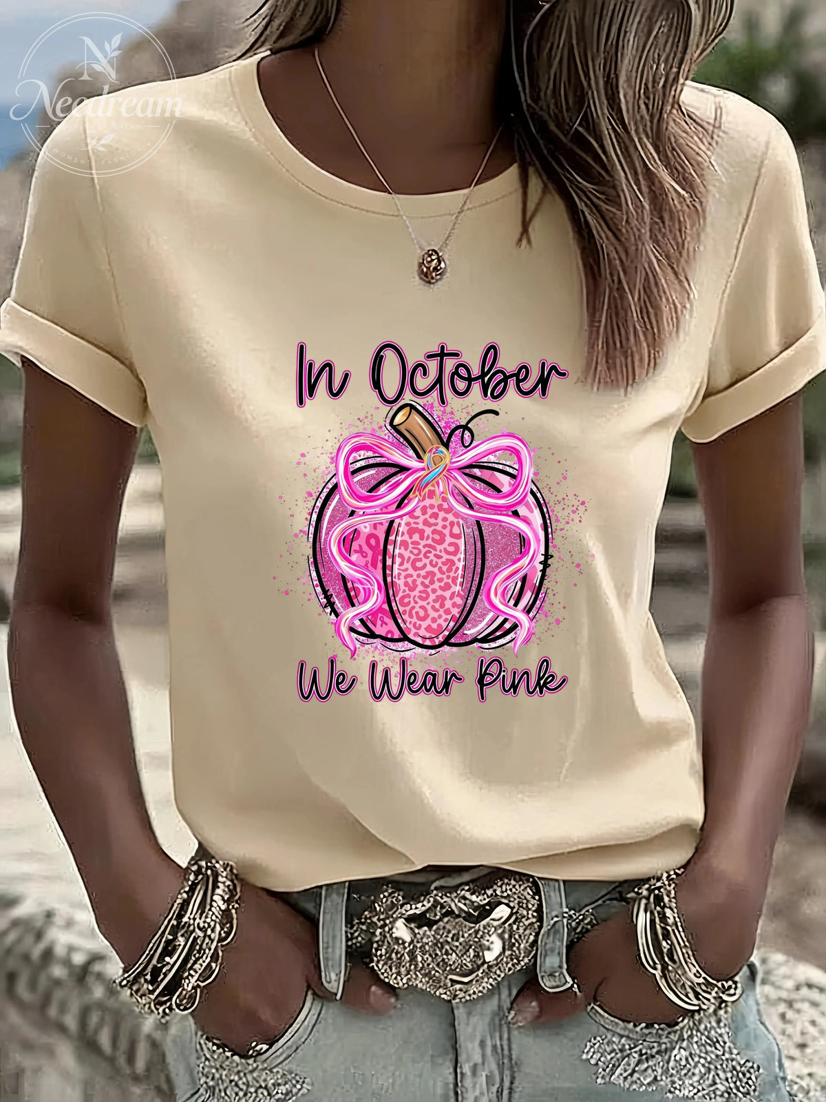 Women'S In October We Wear Pink Casual Round Neck T-Shirt