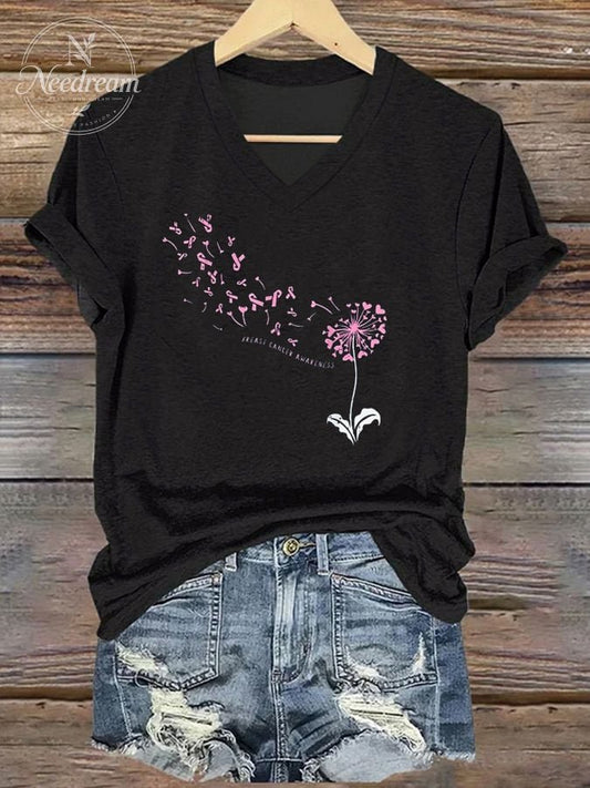 Women's Breast Cancer Slogan V-Neck Print T-Shirt Top