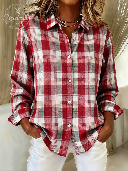 Women's Vintage Red Plaid Art Print Casual Cotton Shirt