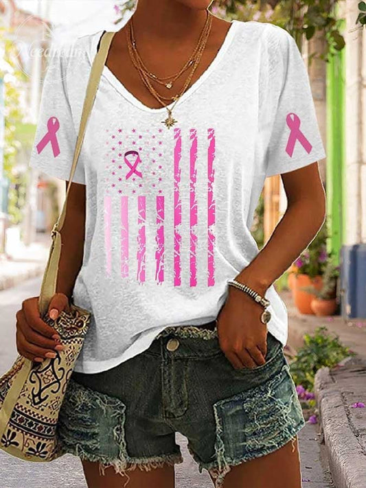 Women's Breast Cancer Flag Print Casual T-Shirt