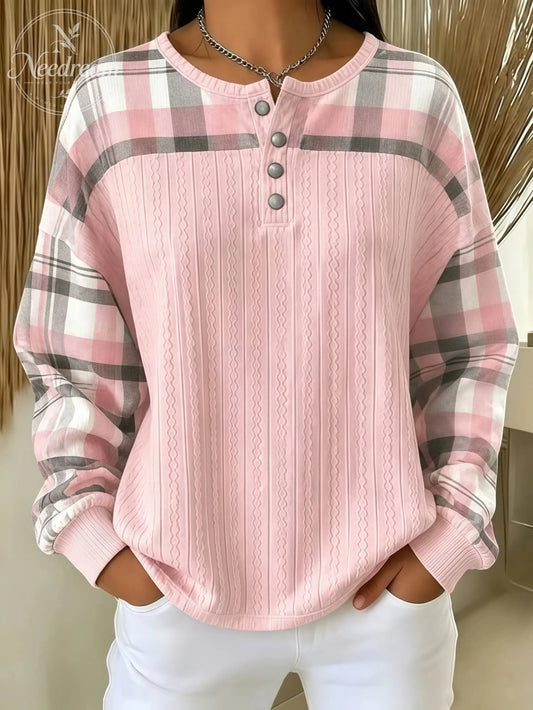 Women's Plaid Henley-Neck Casual Long-Sleeve Sweatshirt