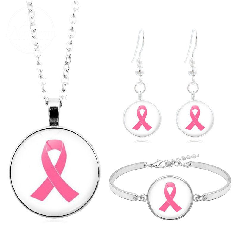 Breast Cancer Pink Ribbon Logo Necklace Set