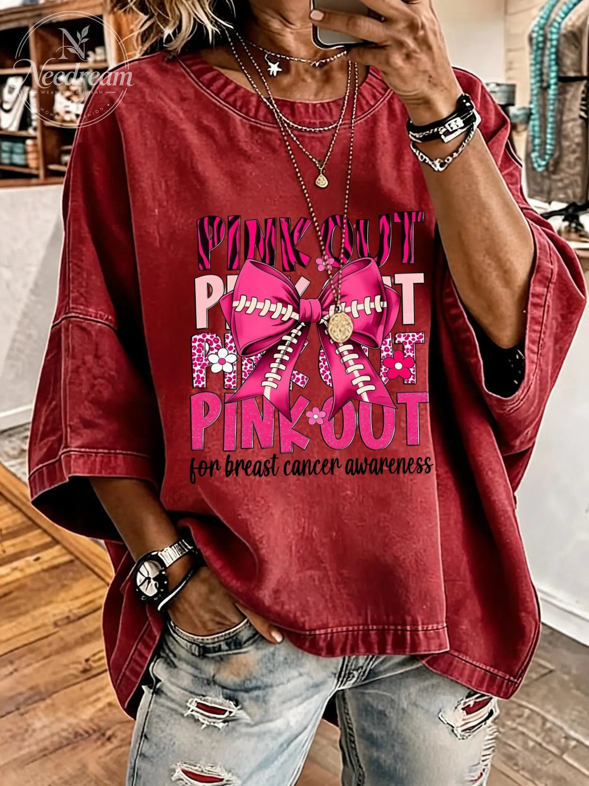 Women'S Pink Out Breast Cancer Awarenes Distressed Washed Oversized T-Shirt