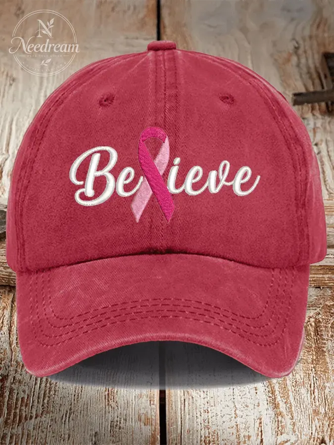 Breast Cancer Believe Ribbon Print Hat