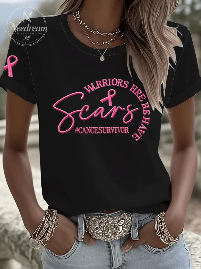 Women's Breast Cancer Awareness All Warriors Have Scars Printed Crew Neck T-Shirt