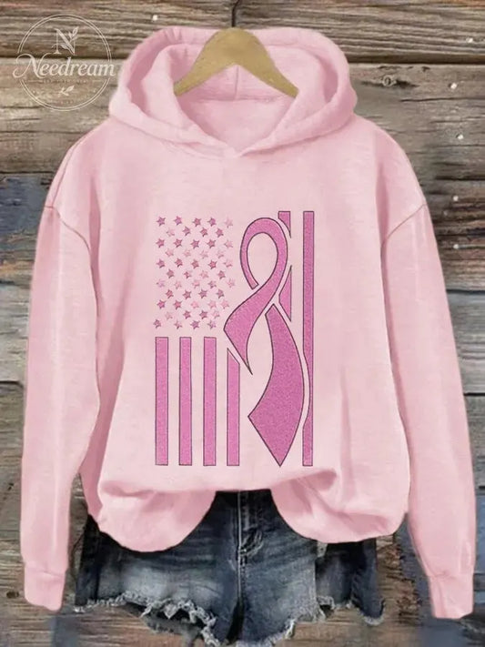 Women's USA Flag Pink Ribbon Breast Cancer Awareness Print Hoodie