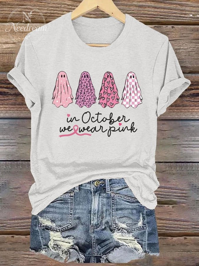 Women's Ghosts In October We Wear Pink Print Casual Round Neck T-shirt