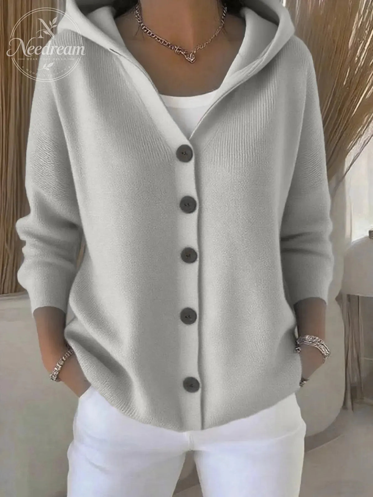 Solid Button Detailed Hoodie Sweater