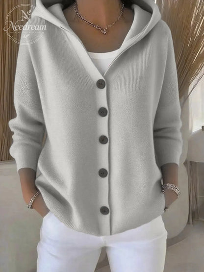 Solid Button Detailed Hoodie Sweater