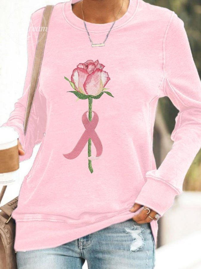 Women's Rose With Pink Ribbon Embroidered Printed Sweatshirt